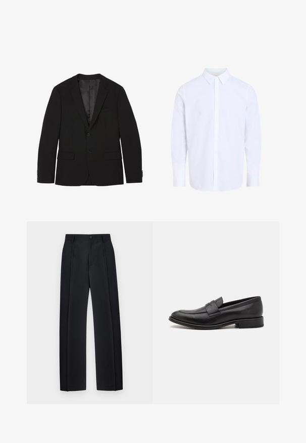 Blazer homme noir à deux boutons avec revers crantés, poches à rabat et poignets boutonnés, présenté à plat avec la doublure intérieure visible.; Chemise blanche à manches longues avec col classique, en tissu lisse, avec une patte de boutonnage devant et un ourlet arrondi.; Pantalon noir ajusté à jambes droites avec plis devant, passants pour ceinture et fermeture par bouton à la taille.; Mocassin en cuir noir avec une finition lisse, une sangle décorative sur le dessus, un bout rond et un petit talon empilé.