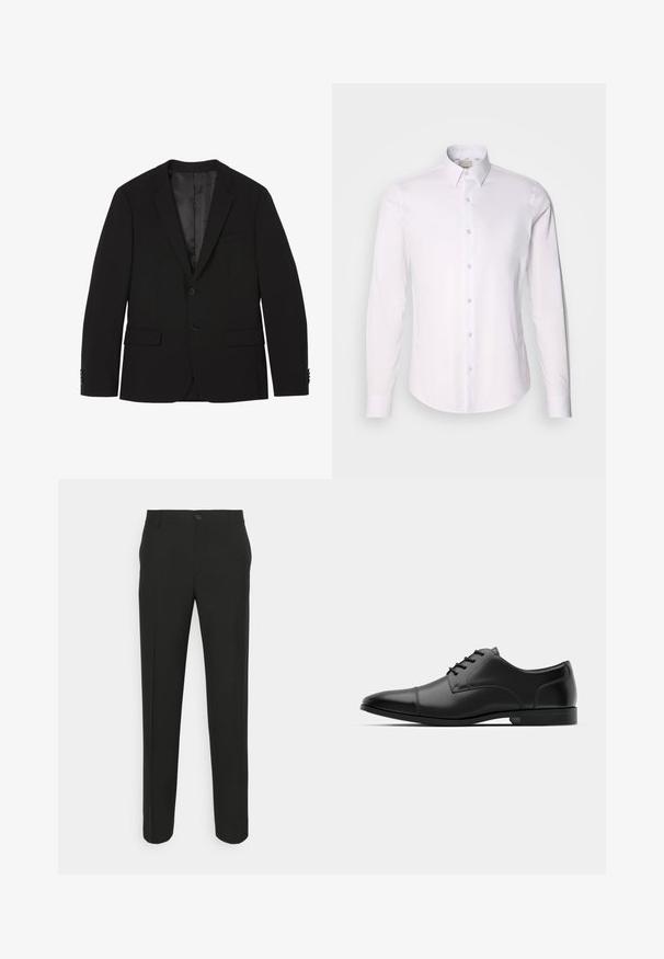 Sort to-knaps herreblazer med notched revers, klaplommer og knapforseglede manchetter, vist fladt med indvendig foer synligt.; Hvid langærmet skjorte lavet af glat stof med skjortekrave, der har fuld knaplukning og afrundet nederste kant.; Sorte skræddersyede bukser med lige snit, der har en enkelt knaplukning og bæltestropper. Glat, mat stof uden mønstre.; Sorte læder slipsede sko med rund tå, glat tekstur, seks snørehuller og en lav sort sål. Har en subtil søm hen over tåen.