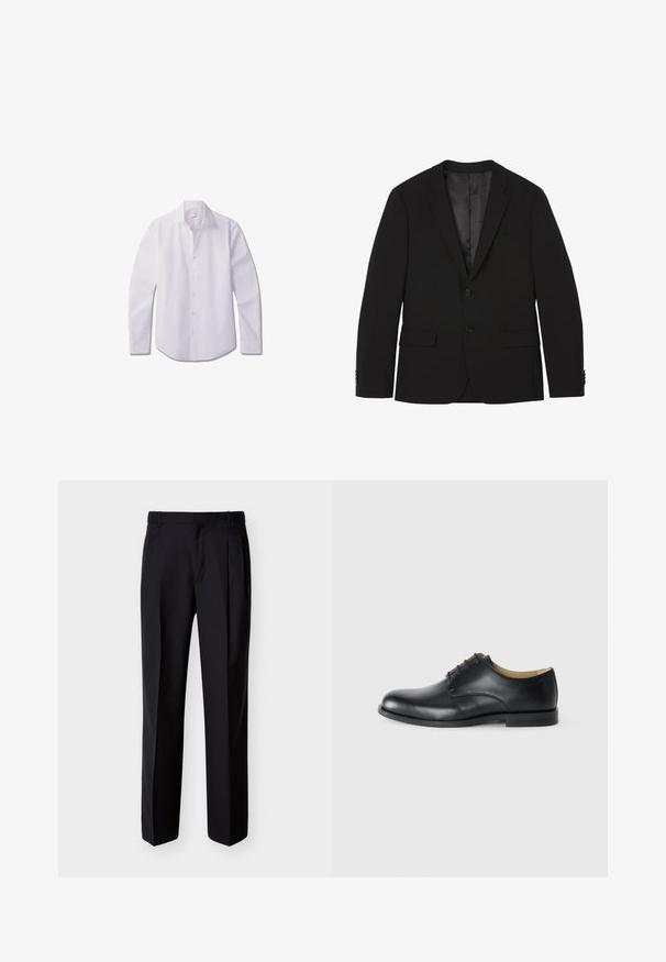 Blazer homme noir à deux boutons avec revers crantés, poches à rabat et poignets boutonnés, présenté à plat avec la doublure intérieure visible.; Chemise blanche à manches longues avec boutons, en tissu lisse, dotée d'un col classique, d'une patte de boutonnage avant et d'un ourlet arrondi.; Pantalon noir ajusté à coupe droite, avec un devant plissé et des poches latérales. Confectionné dans un tissu lisse et léger à motif uni.; Calvin Klein ESS DERBY - Derbies - triple black