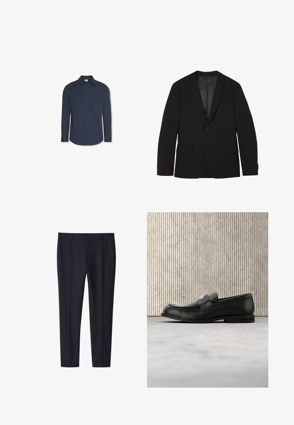 Zwarte herenblazer met twee knopen, met ingesneden revers, klepzakken en knoopmanchetten, plat weergegeven met zichtbare voering aan de binnenkant.; Navyblauw hemd met lange mouwen, knopen, kraag en manchetten, met een Calvin Klein-label aan de binnenkant van de kraag.; Navy blauwe slim-fit formele broek met riemlussen en zijzakken, voorvouw detail, geschikt voor zakelijke of formele kleding.; Zwarte leren loafer met een metalen merktekenplaatje, rustend bij een bruine ronde tafel op een beige tapijtvloer.