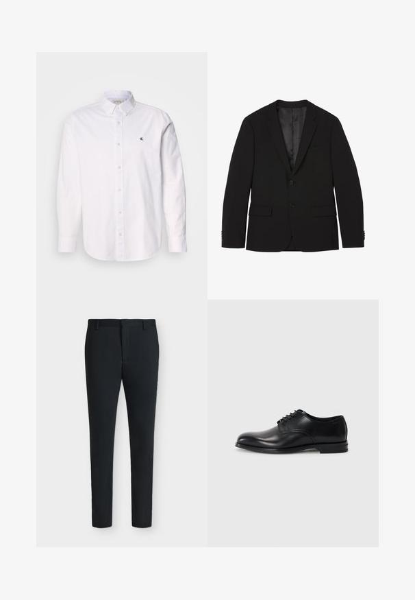 Schwarzer Herrenblazer mit zwei Knöpfen, abgesteppten Revers, Pattentaschen und geknöpften Ärmeln, flach liegend dargestellt mit sichtbarem Innenfutter.; Weißes Baumwollhemd mit klassischem Kragen, langen Ärmeln und kleinem CK-Logo auf der linken Brust. Glatte Textur.; Schwarze, schmal geschnittene Anzughose mit Gürtelschlaufen, Frontreißverschluss und ohne sichtbare Taschen, vor einem schlichten weißen Hintergrund präsentiert.; Schwarze Lederschuhe mit runder Zehenpartie, Schnürdesign, glatter Textur und einer flachen Gummisohle. Minimale Nähte.