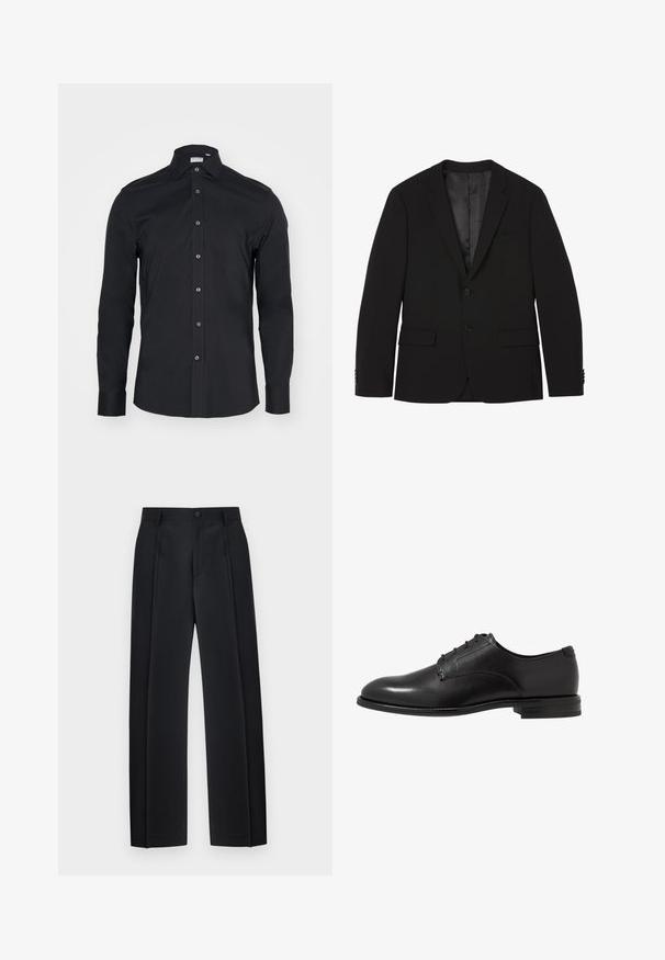 Schwarzer Herrenblazer mit zwei Knöpfen, abgesteppten Revers, Pattentaschen und geknöpften Ärmeln, flach liegend dargestellt mit sichtbarem Innenfutter.; Schwarze Langarm-Button-Up-Bluse mit klassischem Kragen. Hergestellt aus glattem Stoff, verfügt über Vorderknöpfe und abgerundete Manschetten.; Schwarze, maßgeschneiderte Hose mit geradem Bein, vorderen Falten, Gürtelschlaufen und Knopfverschluss am Bund.; Schwarze Lederschuhe mit glatter Oberfläche, runder Zehenform, sechs Ösen und niedrigem, gestapeltem Absatz. Einfaches, klassisches Design.