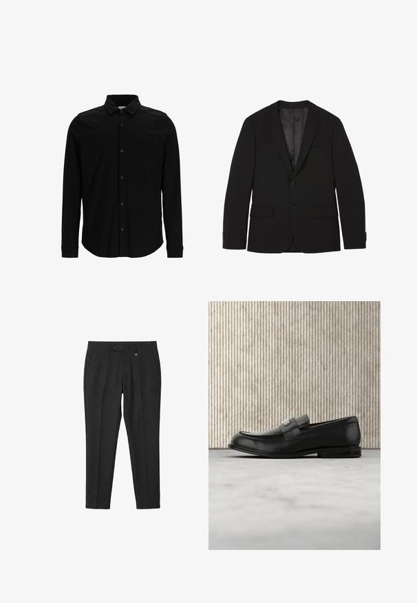Blazer negro de hombre con dos botones, solapas con muesca, bolsillos con tapa y puños con botones, mostrado plano con el forro interior visible.; Camisa negra de manga larga hecha de una tela suave, con frente abotonado, cuello y un discreto logo bordado en el pecho.; Pantalones formales negros de ajuste slim con trabillas para cinturón, cierre frontal de botón y bolsillos laterales, presentados sobre un fondo blanco.; Mocasín de cuero negro con una placa metálica de marca apoyado cerca de una mesa redonda marrón sobre un suelo alfombrado beige.