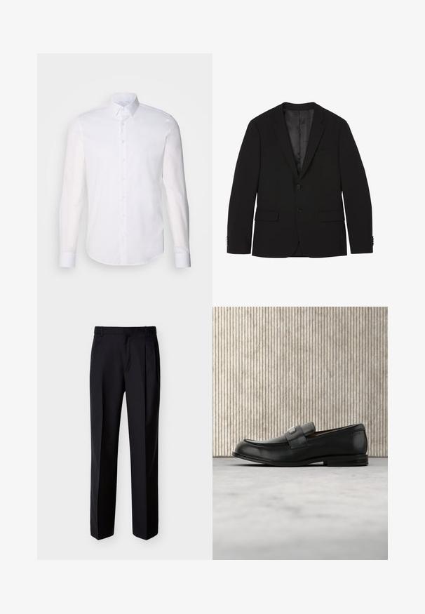 Sort to-knaps herreblazer med notched revers, klaplommer og knapforseglede manchetter, vist fladt med indvendig foer synligt.; Hvid langærmet button-up skjorte lavet af bomuld, med en klassisk krave, frontknapper og minimal syning detalje.; Sorte skræddersyede bukser med lige snit, foldet forstykke og sidelommer. Fremstillet af et glat, let stof med et ensartet mønster.; Sort læderloafer med metalbrandskilt hvilende nær et brunt rundt bord på beige tæppe.