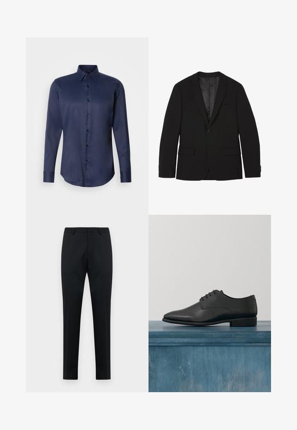 Zwarte herenblazer met twee knopen, met ingesneden revers, klepzakken en knoopmanchetten, plat weergegeven met zichtbare voering aan de binnenkant.; Navyblauwe herenoverhemd met lange mouwen, puntige kraag en knoopsluiting aan de voorkant, weergegeven op een eenvoudige witte achtergrond.; Zwarte op maat gemaakte heren formele broeken met riemlussen, platte voorkant en rechte pijpen op een witte achtergrond.; Zwarte leren trouwschoen met een gladde afwerking, ronde neus en minimale veters. Heeft een lage hak en een slank ontwerp tegen een neutrale achtergrond.
