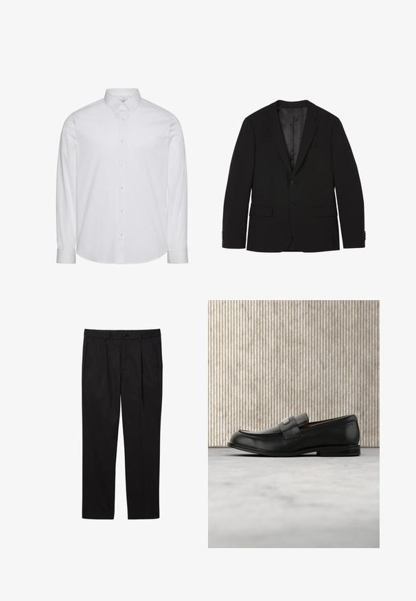 Blazer negro de hombre con dos botones, solapas con muesca, bolsillos con tapa y puños con botones, mostrado plano con el forro interior visible.; Camisa blanca de manga larga con botones, hecha de algodón. Presenta un cuello estándar, tapeta frontal con botones y dobladillo redondeado. Logo de la marca discreto.; Pantalones formales negros de hombre con bolsillos delanteros, trabillas para cinturón, cierre de botón y diseño de pierna recta.; Mocasín de cuero negro con una placa metálica de marca apoyado cerca de una mesa redonda marrón sobre un suelo alfombrado beige.