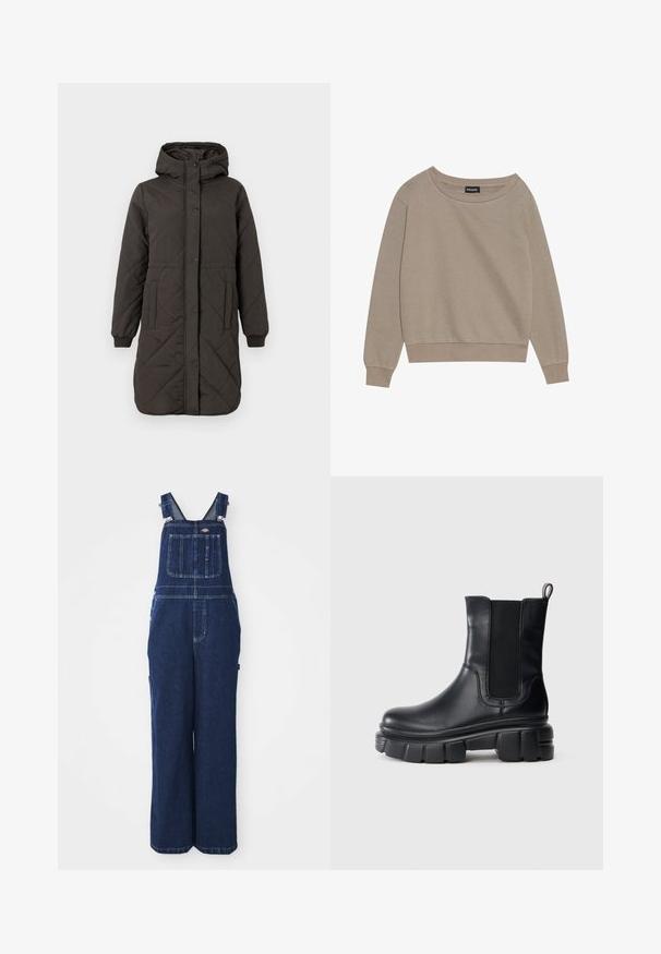 Zwarte gewatteerde lange winterjas met capuchon, drukknoopsluiting, zijzakken, elastische manchetten en een ronde zoom tegen een effen lichte achtergrond.; Beige sweatshirt met lange mouwen, een wijde halslijn en geribbelde manchetten. Zachte stof, relaxte pasvorm, beschikt over minimale naden en geen patronen.; Denim tuinbroek in donkerblauw, voorzien van verstelbare banden, een borstzak, zijzakken en een losse, wijde pasvorm. Klassieke stikdetails.; Zwarte leren Chelsea-boot met stevige lugzool, elastische zijpanelen en trekstrip aan de achterkant tegen een effen witte achtergrond.