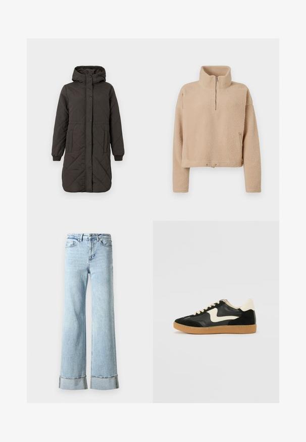 Schwarzer, gesteppten langer Wintermantel mit Kapuze, Druckknöpfen, Seitentaschen, elastischen Bündchen und abgerundetem Saum vor einem einfachen hellen Hintergrund.; Beige Fleece-Pullover mit hohem Kragen, halbem Reißverschluss vorne und überschnittenen Schultern. Merkmale einen strukturierten Stoff und einen verkürzten Saum mit Kordelzug.; Hellblaue Jeans aus Denim mit weitem Bein, ausgefransten Säumen und dekorativer Strassverzierung an den Bündchen. Standardmäßiges Fünf-Taschen-Design.; Schwarze Wildleder- und Leder-Sneaker mit einem cremefarbenen Seiten-Swoosh und einer hellcremefarbenen Ferse. Ausgestattet mit beige Schnürsenkeln und einer Gummilaufsohle.