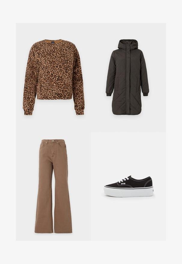 Schwarzer, gesteppten langer Wintermantel mit Kapuze, Druckknöpfen, Seitentaschen, elastischen Bündchen und abgerundetem Saum vor einem einfachen hellen Hintergrund.; Sweatshirt mit Leopardenmuster in Brauntönen und Schwarz. Hergestellt aus weichem Material, verfügt über einen runden Ausschnitt und lange Ärmel mit gerippten Bündchen.; Braune High-Waist-Jeans mit ausgestelltem Bein, Frontknopfverschluss sowie vorderen und hinteren Taschen, vor einem schlichten Hintergrund präsentiert.; Schwarze Leinensneaker mit einer weißen Gummiplattformsohle, weißen Schnürsenkeln und Nähten, ikonischer Markenaufdruck an der Seite, im Low-Top-Design.