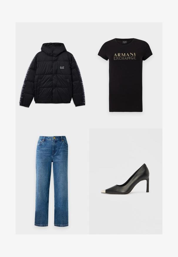 Schwarze Daunenjacke mit Kapuze, gestepptem Design, Logo auf der Brust und den Ärmeln, Druckknopfverschluss und elastischen Bündchen. Glatte, leicht glänzende Textur.; Schwarzes T-Shirt mit kurzen Ärmeln und Rundhalsausschnitt, mit einem goldenen „ARMANI EXCHANGE“-Logo auf der Vorderseite bedruckt. Aus Baumwollmaterial.; Blaue hochgeschnittene Jeans mit geradem Bein, aus Denim, mit fünf Taschen und goldfarbenen Hardware-Details.; Schwarzer Lederschuh mit hohem Absatz, spitz zulaufender Zehenpartie und metallischer silberner Spitze. Verfügt über eine glatte Oberfläche und einen schlanken 10 cm hohen Absatz.