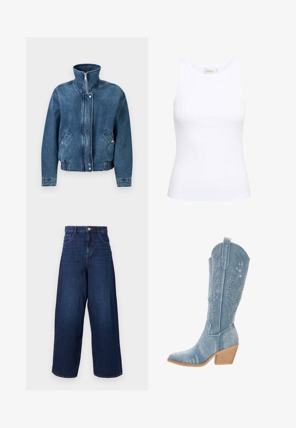 Dunkelblaue Denimjacke mit hohem Kragen, Frontreißverschluss, zwei Seitentaschen und elastischem Bund für eine figurbetonte Passform.; Weißes, geripptes Tanktop mit Rundhalsausschnitt und ohne Ärmel. Elastisches Material und figurbetontes Design. Das Etikett auf der Rückseite trägt die Aufschrift "GESTUZ."; Hellblaue weite Denim-Jeans mit hoher Taille, fünf Taschen und einem Knopfverschluss. Der Stoff hat eine glatte Textur mit dezentem Verblassen.; Denim-Cowboy-Stiefel, hellblau, spitz zulaufende Zehenpartie, Ausschnittdetails mit dreieckigen Formen, niedriger, gestapelter Absatz, strukturierte Oberfläche.