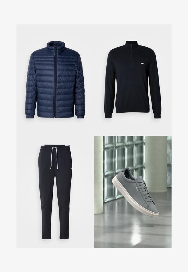 Marineblaue gesteppte Steppjacke mit Stehkragen, vollflächigem Reißverschluss und elastischen Bündchen, vor einem schlichten hellen Hintergrund präsentiert.; Marineblauer Pullover mit hohem Kragen und halbem Reißverschluss. Das Material ist weich und hat eine strukturierte Oberfläche. Auf der Brust befindet sich ein kleines weißes "BOSS"-Logo.; Schwarze Slim-Fit-Jogginghose mit weißem Kordelzug, elastischem Bund mit weißen Streifen und kleinem weißen Logo am oberen Oberschenkel.; Grauer BOSS Sneaker mit weißer Sohle, geschnürt, schwebt drinnen vor einer Glassteinwand und poliertem Betonboden.