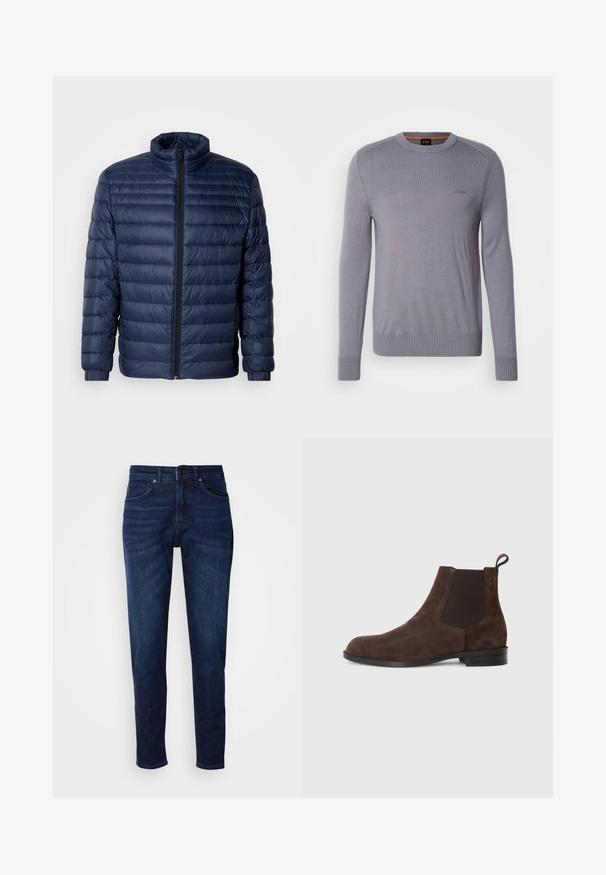 Veste matelassée en duvet bleu marine avec col montant, fermeture éclair avant intégrale et poignets élastiques, présentée sur un fond clair uni.; Pull en tricot violet clair avec un col rond, des poignets et un ourlet côtelés. Présente un petit logo brodé sur la poitrine. Texture lisse.; Jean en denim bleu foncé avec une coupe droite, comportant des poches et une fermeture à bouton à la taille. Texture douce, détails de décoloration minimes.; Bottines en daim marron avec panneaux élastiques sur les côtés, bout arrondi et languette en boucle au talon. Semelle plate en caoutchouc noir.