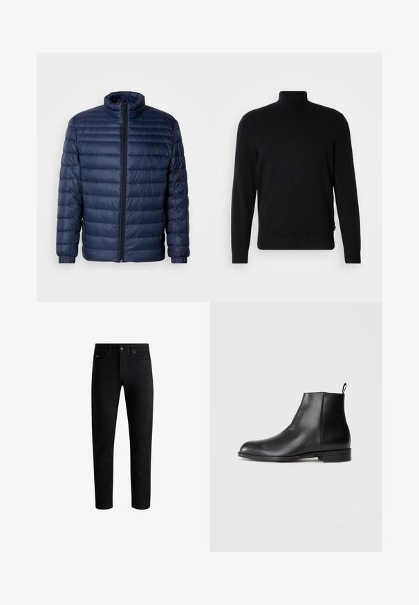 Marineblå, kviltet pufferjakke med ståkrave, fuld frontlynlås og elastiske manchetter, vist på ensfarvet lys baggrund.; Sort rullekravesweater lavet af strikkemateriale, med lange ærmer og et tætsiddende design. Glat tekstur med ribbet hals og kant.; Sorte slim-fit jeans med fem lommer, knaplukning og bæltestropper, præsenteret mod en hvid baggrund.; Sort læder ankelstøvle med lav hæl, rund tå, slids bagpå og glat finish på en ensfarvet hvid baggrund.