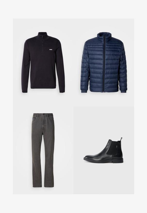 Marineblå, kviltet pufferjakke med ståkrave, fuld frontlynlås og elastiske manchetter, vist på ensfarvet lys baggrund.; Marineblå quarter-zip sweater fremstillet af blødt stof, med ribbet krave og manchetter, samt et lille hvidt "BOSS" logo på brystet.; Grå denim jeans med lige ben-design, der har forlommer, knaplukning og subtil tekstur.; Sorte læder Chelsea støvler med elastiske sidepaneler, en pull-tab og en flad gummisål. Glat tekstur med minimal detaljer.
