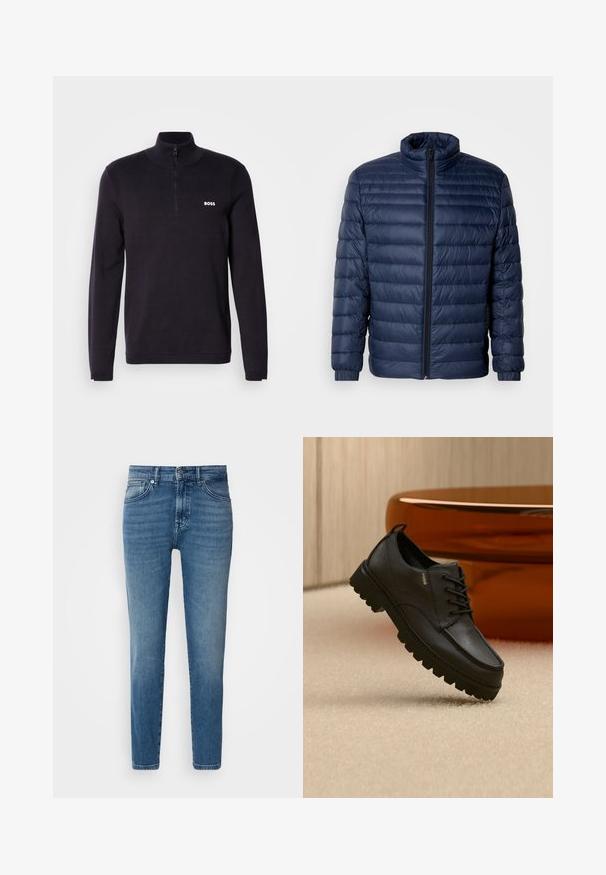 Marineblaue gesteppte Steppjacke mit Stehkragen, vollflächigem Reißverschluss und elastischen Bündchen, vor einem schlichten hellen Hintergrund präsentiert.; Marineblauer Quarter-Zip-Pullover aus weichem Stoff, mit einem gerippten Kragen und Bündchen, sowie einem kleinen weißen "BOSS"-Logo auf der Brust.; Helle blaue Denim-Jeans mit geradem Schnitt, traditionellem Fünf-Taschen-Design, Metallknopfverschluss und dezentem Verblassen an der Vorderseite.; Schwarzer Leder-Schnürschuh mit dicker robuster Sohle und goldener "HUGO"-Markierung, platziert auf beigem Teppich mit unscharfem braunem Stuhl im Hintergrund.