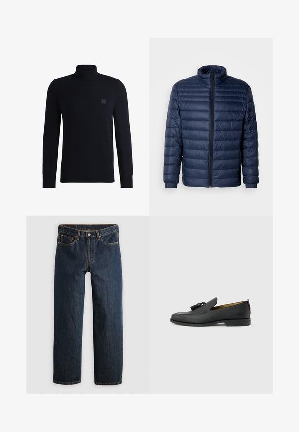 Marineblaue gesteppte Steppjacke mit Stehkragen, vollflächigem Reißverschluss und elastischen Bündchen, vor einem schlichten hellen Hintergrund präsentiert.; Marineblauer Rollkragenpullover aus weichem Strickmaterial, mit langen Ärmeln und einem gerippten Kragen. Enthält ein quadratisches Logo-Patch auf der Brust.; Dunkelblaue Jeans aus Denim mit geradem Bein. Verfügen über fünf Taschen, kontrastierende Naht und eine Knopfverschluss am Bund.; Schwarzer Herrenschuh aus Leder mit Quasten, runder Spitze, niedrigem Absatz und Zuglasche auf der Rückseite, seitlich auf hellem grauem Hintergrund dargestellt.