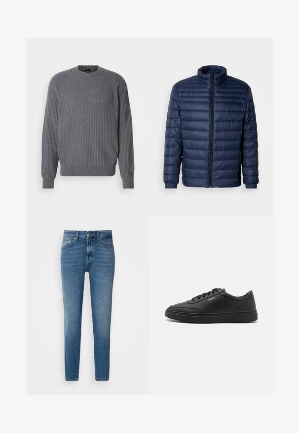 Námornícky modrá prešívaná puffer bunda so stojačikovým golierom, plným predným zipsom a elastickými manžetami, vystavená na jednoduchom svetlom pozadí.; Sivá rebrovaná pletená dlhá mikina s okrúhlym výstrihom a rebrovanými manžetami, vystavená na jednoduchej bielej pozadí.; Svetlomodré džínsy s rovnými nohavicami, tradičným dizajnom s piatimi vreckami, kovovým zapínaním na gombík a jemným vyblednutím na prednej strane.; Čierne kožené tenisky s hladkou textúrou, okrúhlou špičkou, plochou gumovou podrážkou a tónovanými šnúrkami. Obsahujú zlaté logo "BOSS" na boku.