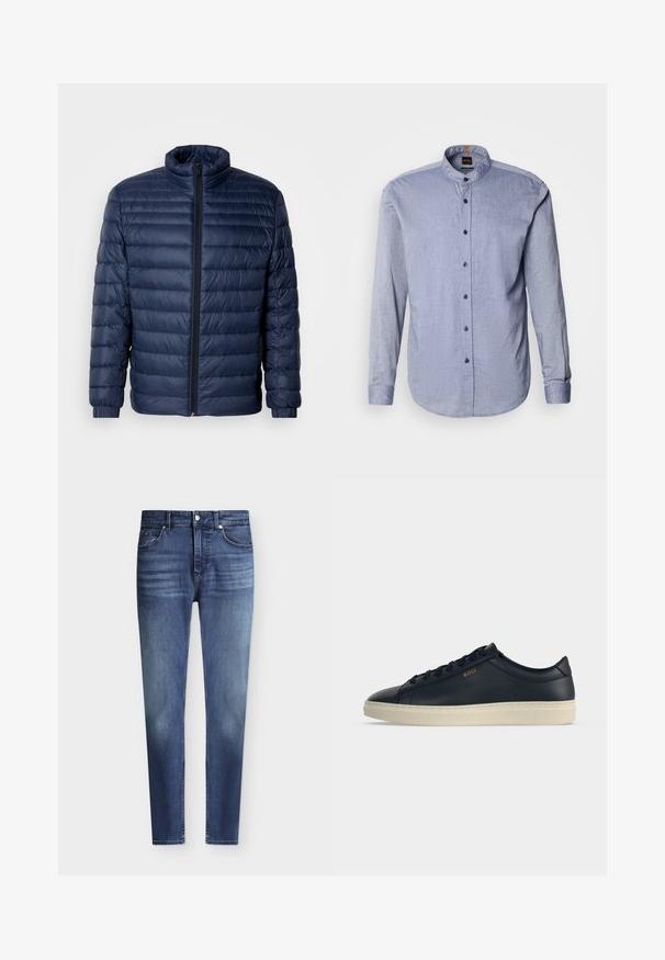 Veste matelassée en duvet bleu marine avec col montant, fermeture éclair avant intégrale et poignets élastiques, présentée sur un fond clair uni.; Chemise boutonnée en tissu bleu clair, dotée d'un col montant, de manches longues et de boutons bleu foncé. Texture douce avec un motif subtil.; Jean slim fit bleu en denim pour homme avec style classique à cinq poches et légère décoloration aux cuisses et aux genoux, fermeture par bouton et zip.; Baskets basses en cuir bleu marine avec semelle en caoutchouc crème et marquage "BOSS" doré sur le côté, vues de côté.