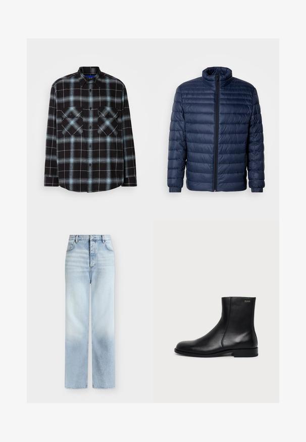 Veste matelassée en duvet bleu marine avec col montant, fermeture éclair avant intégrale et poignets élastiques, présentée sur un fond clair uni.; Chemise en flanelle à carreaux noirs et bleu clair, à manches longues, avec un bouton sur le devant, un col, et deux poches poitrines avec fermetures à rabat.; Jeans bleu clair taille haute à jambes droites, avec poches avant, passants de ceinture et fermeture par bouton.; Bottine en cuir noir à talon bas, couture latérale et petit logo "HUGO" sur le revers supérieur sur un fond uni.