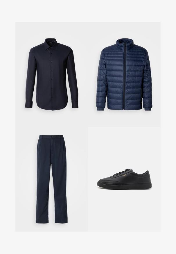 Marineblaue gesteppte Steppjacke mit Stehkragen, vollflächigem Reißverschluss und elastischen Bündchen, vor einem schlichten hellen Hintergrund präsentiert.; Dunkelblaues, langärmeliges Hemd mit Knopfleiste aus glattem Stoff. Verfügt über einen spitzen Kragen und Ein-Knopf-Manschetten. Minimalistisches Design ohne Muster.; Marineblaue Hose aus Baumwollmischung. Verfügt über einen geraden Schnitt, einen vorderen Knopfverschluss und dezente Falten. Glatte Textur.; Schwarze Leder-Sneaker mit glatter Textur, runder Zehenpartie, flacher Gummisohle und einfarbigen Schnürsenkeln. Mit goldfarbenem "BOSS" Logo an der Seite.