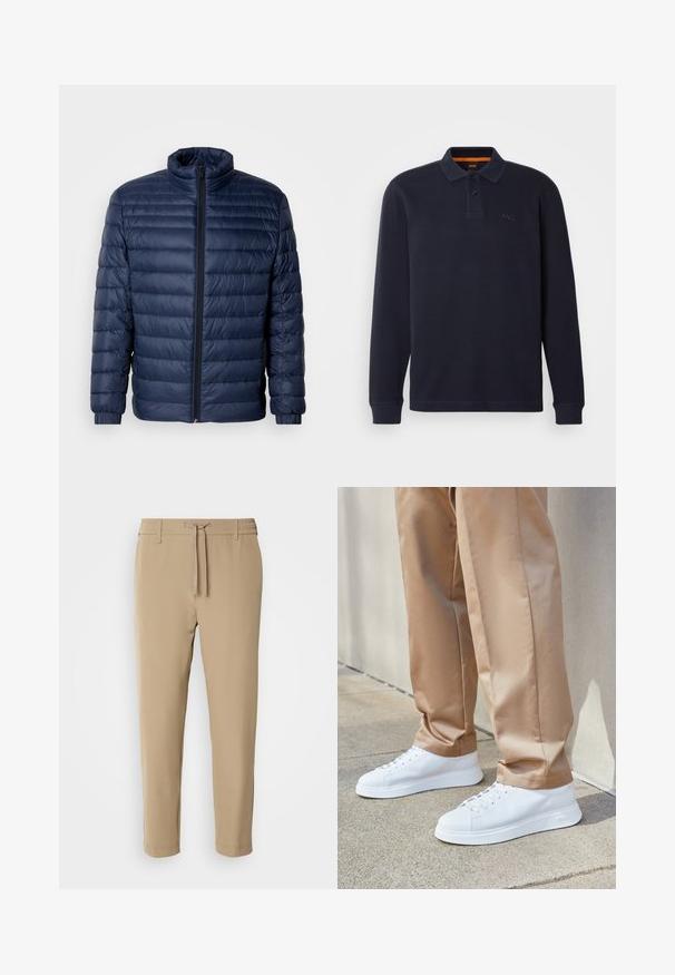 Navyblauwe gewatteerde pufferjack met staande kraag, volledige rits aan de voorkant en elastische manchetten, weergegeven op een effen lichte achtergrond.; Marineblauwe longsleeve polo-shirt van gestructureerde stof met een knoopsluiting bij de hals. Bevat een klein geborduurd logo op de borst.; Beige, taps toelopende broek met een elastische tailleband en een trekkoord. Glad materiaal met een strakke uitstraling en zonder zichtbare patronen of hardware.; Witte leren sneakers met een gladde afwerking, ronde neuzen, witte veters en een minimalistisch ontwerp. Draag ze met lichtbruine, taps toelopende broeken.