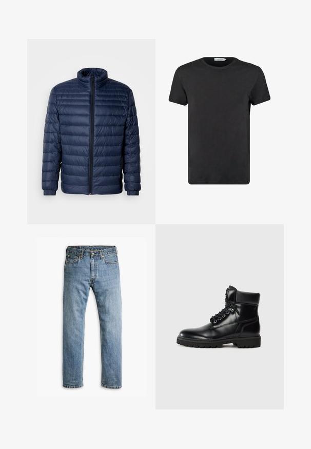 Marineblå, kviltet pufferjakke med ståkrave, fuld frontlynlås og elastiske manchetter, vist på ensfarvet lys baggrund.; Sort bomulds T-shirt med rund halsudskæring og korte ærmer. Stoffet har en glat tekstur og ingen mønstre eller detaljer. Normal pasform.; Blå straight-leg denim jeans med fem lommer, bæltestropper og metalknaplukning på en hvid baggrund.; Sort læder ankelstøvle med en blank finish, snørelukning, polstret krave og en robust gummisål med skridgreb.