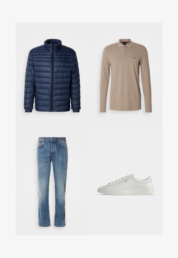 Veste matelassée en duvet bleu marine avec col montant, fermeture éclair avant intégrale et poignets élastiques, présentée sur un fond clair uni.; Polo à manches longues en beige clair, fabriqué en coton doux. Doté d'un col classique, d'une patte de boutonnage à trois boutons et d'un logo brodé.; Jean en denim bleu clair avec des jambes droites, cinq poches, des coutures contrastantes et une finition délavée. Dispose d'un bouton et d'un zip pour le maintien.; Baskets basses blanches en cuir avec lacets, semelle plate et petit logo doré "BOSS" sur le côté, vues de l'extérieur.