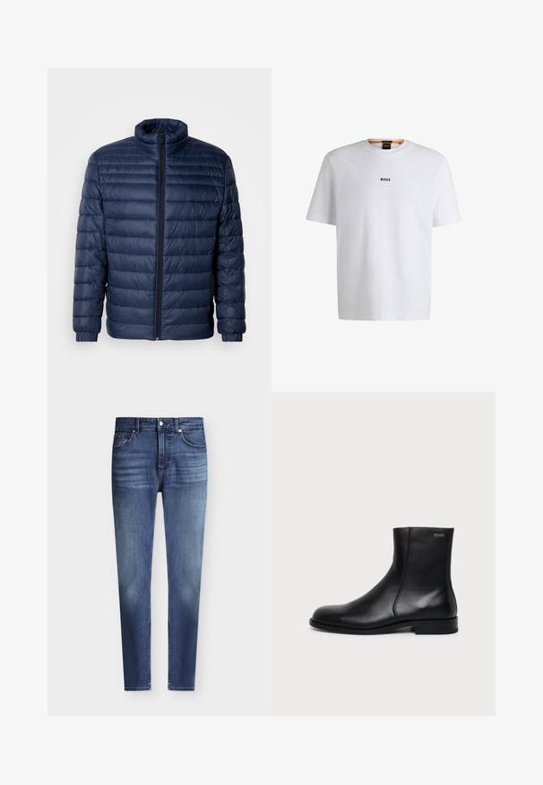 Veste matelassée en duvet bleu marine avec col montant, fermeture éclair avant intégrale et poignets élastiques, présentée sur un fond clair uni.; T-shirt en coton blanc à manches courtes, avec un logo noir "BOSS" centré sur la poitrine et un design à col rond.; Jean slim fit bleu en denim pour homme avec style classique à cinq poches et légère décoloration aux cuisses et aux genoux, fermeture par bouton et zip.; Bottine en cuir noir à talon bas, couture latérale et petit logo "HUGO" sur le revers supérieur sur un fond uni.