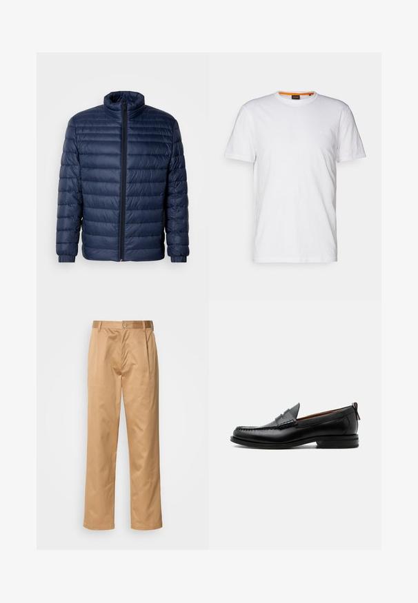 Marineblaue gesteppte Steppjacke mit Stehkragen, vollflächigem Reißverschluss und elastischen Bündchen, vor einem schlichten hellen Hintergrund präsentiert.; Weißes Baumwoll-T-Shirt mit Rundhalsausschnitt, kurzen Ärmeln und einem dezenten geprägten Logo auf der Brust. Das Innenschild hat einen orangefarbenen Akzent.; Khaki-Hosen aus Baumwollmischung, im geraden Schnitt, mit Vorderfalten, Gürtelschlaufen und Knopfverschluss. Glatte Textur ohne Muster.; Schwarzer Leder-Herrenschuh mit Mokassinnaht, Penny-Riemen, strukturiertem Kragen und niedrigem gestapeltem Absatz auf weißem Hintergrund.