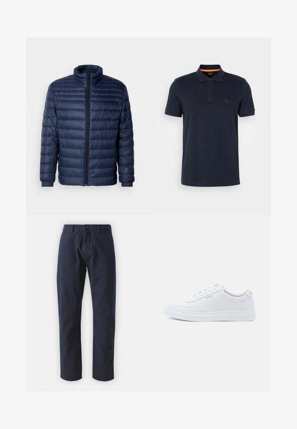 Navyblauwe gewatteerde pufferjack met staande kraag, volledige rits aan de voorkant en elastische manchetten, weergegeven op een effen lichte achtergrond.; Marine polo shirt met een ritskraag, voorzien van een kleine logo patch op de borst en korte mouwen. Gemaakt van een katoenmix met een soepele textuur.; Navyblauwe katoenen broek met een rechte pijp, een knoopsluiting aan de voorkant en riemlussen. Glad textuur en een minimalistisch ontwerp.; Witte leren sneakers met een gladde textuur, ronde neus en tonale stiksels. Voorzien van blauwe veters en een gouden logo op de zijkant.