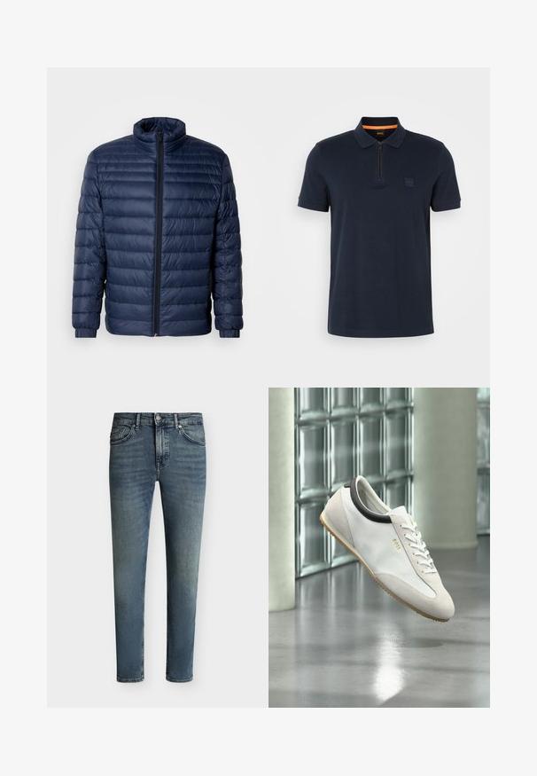 Marineblaue gesteppte Steppjacke mit Stehkragen, vollflächigem Reißverschluss und elastischen Bündchen, vor einem schlichten hellen Hintergrund präsentiert.; Marineblaues Polohemd mit Reißverschlusskragen, ausgestattet mit einem kleinen Logopatch auf der Brust und kurzen Ärmeln. Material aus Baumwollmischung mit glatter Textur.; Blau ausgewaschene Slim-Fit-Jeans mit fünf Taschen und Knopf- und Reißverschluss auf einfarbigem Hintergrund.; Weißer Leder- und Wildledersneaker mit Gummisohle und schwarzem Kragen-Detail, der drinnen nahe einer Glasbausteinwand und einer Betonstütze schwebt.