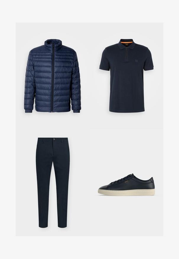 Veste matelassée en duvet bleu marine avec col montant, fermeture éclair avant intégrale et poignets élastiques, présentée sur un fond clair uni.; Polo shirt marine avec un col zippé, doté d'une petite écusson sur la poitrine et de manches courtes. Matière en mélange de coton avec une texture lisse.; Pantalon slim bleu marine pour homme avec fermeture avant à bouton et zip, passants pour ceinture et design minimaliste.; Baskets basses en cuir bleu marine avec semelle en caoutchouc crème et marquage "BOSS" doré sur le côté, vues de côté.