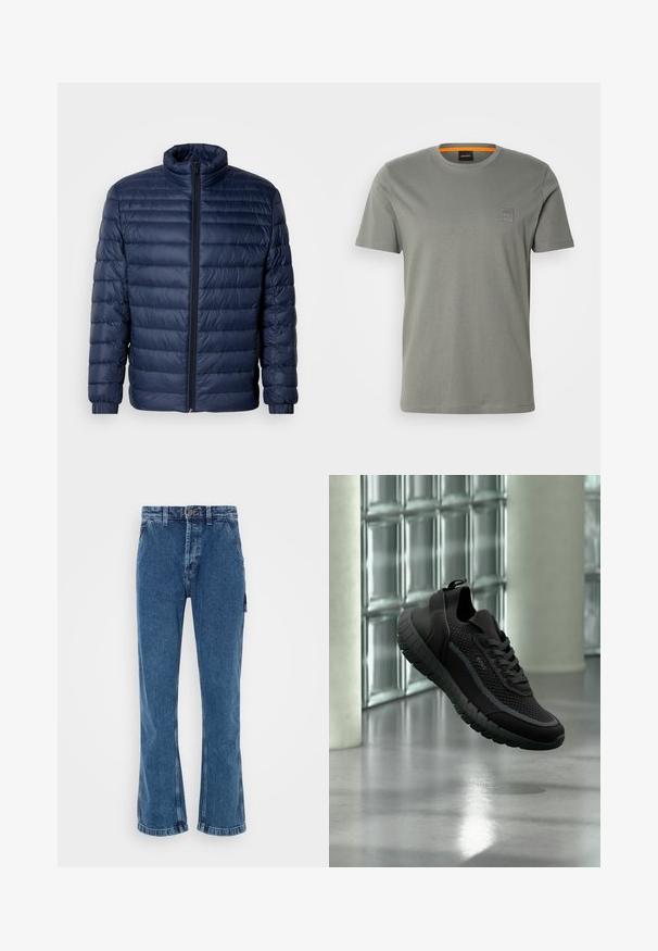Marineblaue gesteppte Steppjacke mit Stehkragen, vollflächigem Reißverschluss und elastischen Bündchen, vor einem schlichten hellen Hintergrund präsentiert.; Graues Baumwoll-T-Shirt mit kurzen Ärmeln und rundem Ausschnitt. Verfügt über ein kleines quadratisches Logopatch auf der linken Brustseite in passender Farbe.; Hoch geschnittene, ausgestellt Jeans in mittlerem blauen Denim. Verfügt über einen Verschluss mit Vorderknopf, zwei Seitentaschen und eine aufgesetzte Tasche am Bein.; Schwarzer gestrickter Sneaker mit dicker profilierter Sohle und Schnürsenkeln, mit der Marke „BOSS“, der drinnen in der Nähe der Glassteinwand und des Betonbodens schwebt.