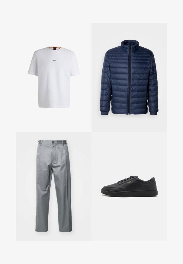 Marineblaue gesteppte Steppjacke mit Stehkragen, vollflächigem Reißverschluss und elastischen Bündchen, vor einem schlichten hellen Hintergrund präsentiert.; Weißes Baumwoll-T-Shirt mit kurzen Ärmeln, ausgestattet mit einem schwarzen "BOSS"-Logo, das mittig auf der Brust platziert ist, und einem runden Halsausschnitt.; Graue Baumwollmischung-Hosen mit geradem Bein, ausgestattet mit einem vorderen Knopfverschluss, Gürtelschlaufen und seitlichen Taschen.; Schwarze Leder-Sneaker mit glatter Textur, runder Zehenpartie, flacher Gummisohle und einfarbigen Schnürsenkeln. Mit goldfarbenem "BOSS" Logo an der Seite.