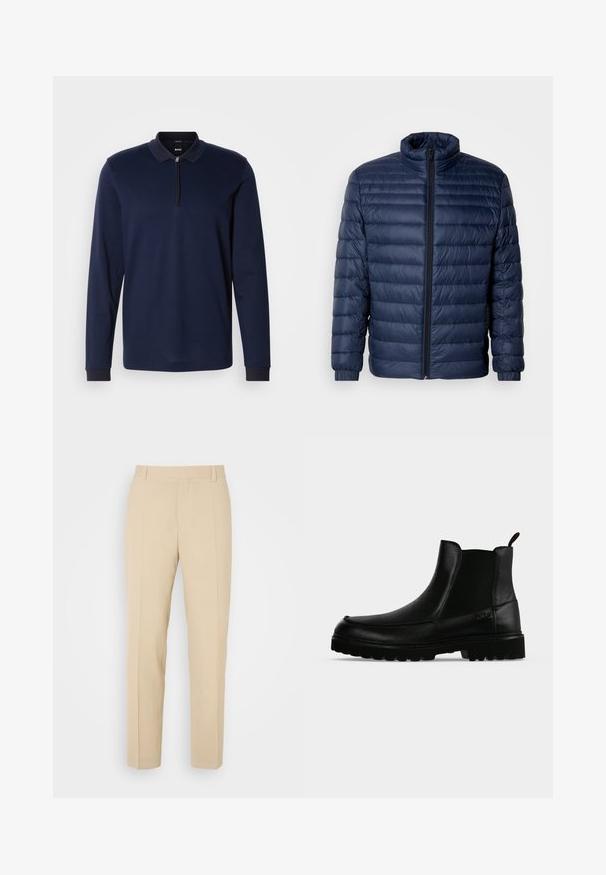 Marineblaue gesteppte Steppjacke mit Stehkragen, vollflächigem Reißverschluss und elastischen Bündchen, vor einem schlichten hellen Hintergrund präsentiert.; Marineblaues Langarm-Polohemd mit Reißverschlusskragen, strukturiertem Stoff und kontrastierendem dunklem Kragenbesatz. Verfügt über eng anliegende Bündchen und ein dezentes Muster.; Beige maßgeschneiderte Hosen mit geradem Bein, aus leichtem Stoff, mit zwei vorderen Taschen und ordentlich gebügelten Falten.; Schwarzer Lederknöchelstiefel mit strukturierter Sohle, elastischen Seitenteilen und Zuglasche vor einem hellgrauen Hintergrund.