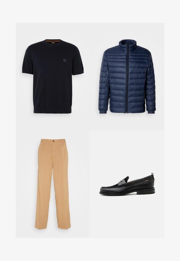 Veste matelassée en duvet bleu marine avec col montant, fermeture éclair avant intégrale et poignets élastiques, présentée sur un fond clair uni.; Pull en maille bleu marine à manches courtes avec un col rond, des poignets et un ourlet côtelés. Comprend un petit patch logo en relief sur la poitrine.; Pantalons larges beiges en tissu doux, dotés de deux poches avant, d'une fermeture à bouton et de plis le long des jambes.; Mocassin en cuir noir avec détail de bride grise, talon bas et semelle texturée, marqué "HUGO" en or sur le côté.