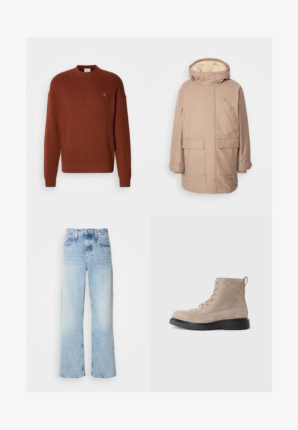 Parka isolée beige avec capuche, dotée d'une doublure intérieure douce et claire, de deux poches avant et d'un logo sur la poitrine.; Pull côtelé de couleur rouille avec un col rond, arborant un petit logo sur la poitrine et une coupe décontractée. Fabriqué à partir d'un matériau en tricot texturé.; Jean large bleu clair à taille haute, avec une finition délavée, des passants de ceinture et un design classique à cinq poches. L'ourlet est brut.; Bottines en daim beige avec semelle en caoutchouc noir, design à lacets, et un petit logo embossé sur le côté, avec une languette à l'arrière.