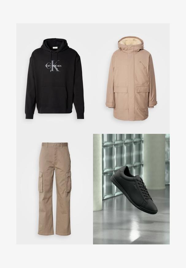 Valkoinen eristetty parka huppulla, jossa on pehmeä, vaaleanvärinen sisävuori, kaksi etutaskua ja logo rinnassa.; Musta huppari, joka on tehty puuvillasekoitteesta, sisältää etutaskun ja siinä on rintapaneelissa painettu Calvin Klein -logo harmaana ja valkoisena.; Beige cargo-housut puuvillasta, joissa on rento malli, kaksi sivutaskua ja nappikiinnitys vyötäröllä.; Musta nahkainen tennari nauhoilla ja "BOSS"-logolla, leijuu heijastavan betonilattian yläpuolella modernissa sisustuksessa, jossa on lasiblokkeja oleva seinä.