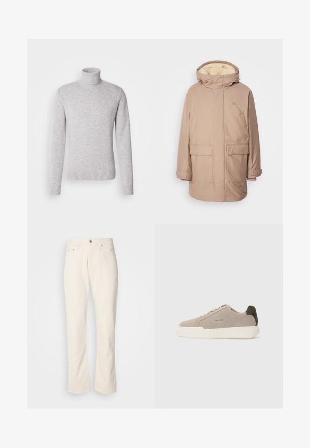 Parka isolée beige avec capuche, dotée d'une doublure intérieure douce et claire, de deux poches avant et d'un logo sur la poitrine.; Pull en maille tricotée gris clair à col roulé. Doté d'un col et de poignets côtelés. Forme classique et ajustée avec des manches longues.; Jeans en coton beige avec un design classique à jambe droite, comportant une fermeture à bouton à l'avant, cinq poches et des détails de couture subtils.; Baskets en suède beige avec une semelle en caoutchouc blanche, présentant un accent de talon vert foncé et une branding subtile sur le côté.
