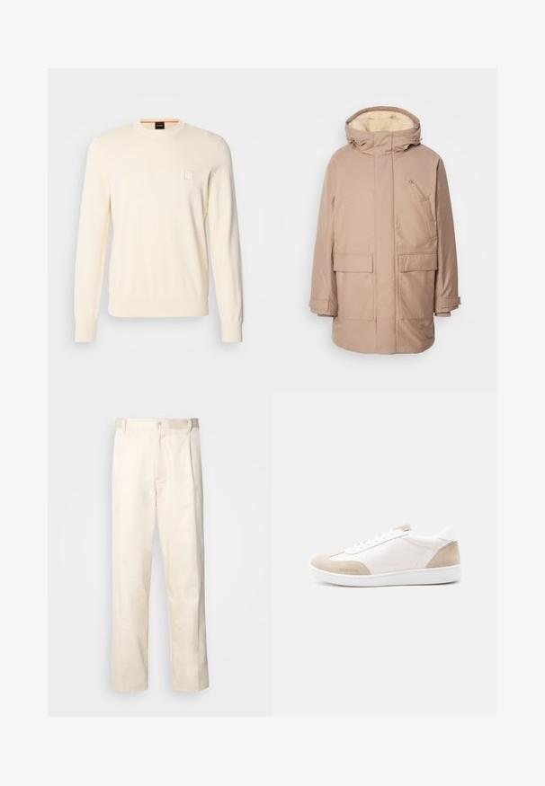 Parka isolée beige avec capuche, dotée d'une doublure intérieure douce et claire, de deux poches avant et d'un logo sur la poitrine.; Pull crème avec un col rond, des manches longues et un petit logo carré sur la poitrine. Fabriqué en tissu doux et de qualité supérieure.; Pantalon en coton beige avec une coupe droite, présentant une fermeture à bouton et des plis sur le devant pour plus de détails.; Baskets basses blanches avec des accents en daim beige sur la pointe et le talon, lacets blancs, et branding Valentino sur le côté et la semelle.