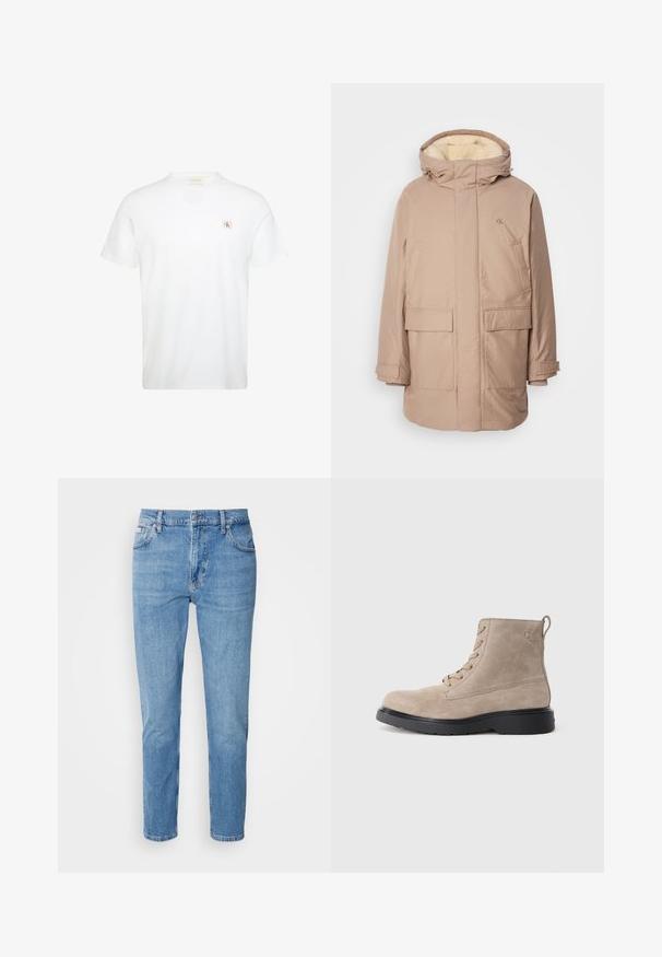 Parka aislante beige con capucha, que presenta un interior suave de color claro, dos bolsillos frontales y un logo en el pecho.; Camiseta blanca de manga corta con cuello redondo y pequeño parche con el logo rojo y negro de Calvin Klein en el pecho izquierdo.; Vaqueros de mezclilla azul claro con corte recto, diseño de cinco bolsillos y un sutil desgastado. Presentan un cierre de botón y pasadores para cinturón.; Botines de ante beige con suela de goma negra, diseño con cordones y un pequeño logotipo grabado en el lateral, que cuenta con una lengüeta en la parte posterior.