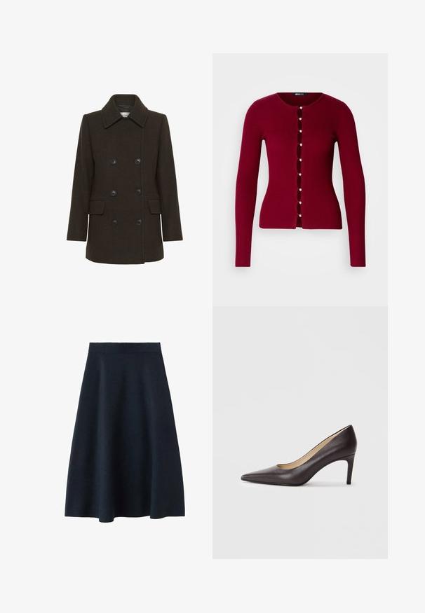 Manteau en laine vert foncé avec un design à double boutonnage, grandes boutons noirs, col cranté et poches latérales. Texture douce et forme structurée.; Cardigan rouge à côtes avec un col rond, présentant une série de boutons en perles et des découpes sur le devant. Manches longues.; Une jupe midi bleu marine foncé en tissu lisse, avec une taille ajustée et une forme évasée, sans motifs ni embellissements visibles.; Chaussure à talon haut en cuir marron à bout pointu avec un talon fin de 7 cm, texture lisse et design minimaliste. Pas d'ornements visibles.