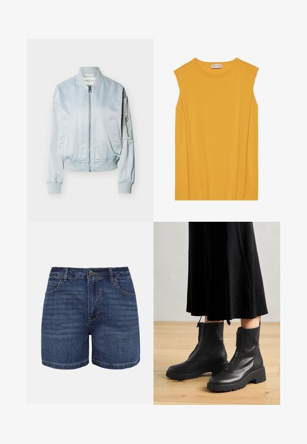 Veste bomber bleu clair avec fermeture éclair avant, col, poignets et ceinture côtelés, deux poches avant et une poche zippée sur la manche gauche.; Haut sans manches jaune en coton doux, avec un col rond et une coupe droite, agrémenté de coutures discrètes le long des bords.; Shorts en denim bleu foncé avec bouton frontal, fermeture éclair, passants pour ceinture et poches avant, présentés sur un fond blanc.; Bottines en cuir noir avec une semelle plateforme épaisse et une fermeture éclair à l'avant. Texture lisse avec un design minimaliste.