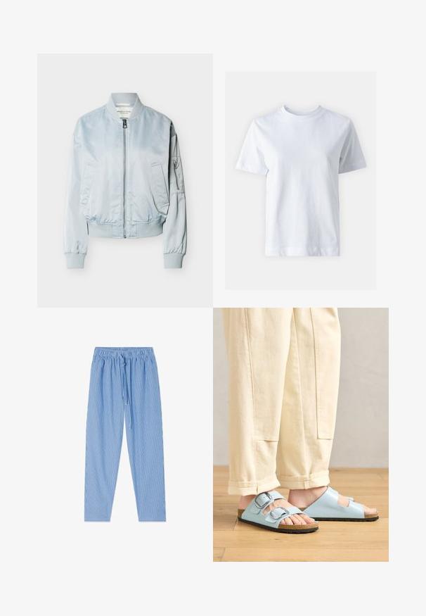 Hellblaue Bomberjacke mit vorderem Reißverschluss, geripptem Kragen, Bündchen, Bund, zwei Vordertaschen und Reißverschlusstasche am linken Ärmel.; Weißes Baumwoll-T-Shirt mit Rundhalsausschnitt, kurzen Ärmeln, gerader Schnittführung und glatter Textur. Keine Muster oder Verzierungen.; Blau-weiß gestreifte Hosen mit elastischem Bund und Kordelzugverschluss, flach auf weißem Hintergrund liegend.; Himmelblaues Offene-Schuhe-Sandalen mit doppelten Schnallen, Korkfußbett und schwarzer Gummisohle, kombiniert mit cremefarbener, weit geschnittener Hose.
