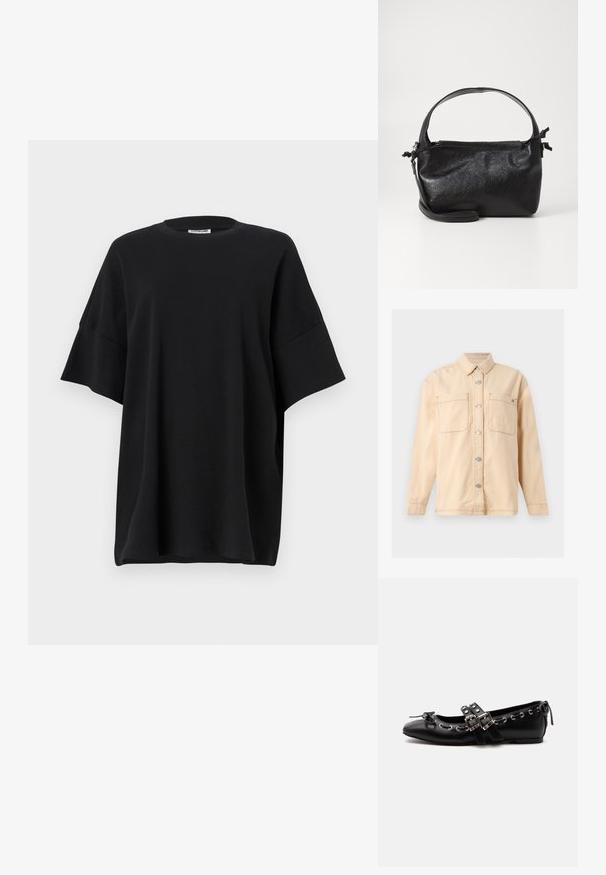 Beige langærmet skjortejakke med krave, knapper foran, to brystlommer og synlige syningsdetaljer.; Sort oversized t-shirt lavet af bomuld, med rund halsudskæring og korte, brede ærmer, der har en glat tekstur og en afslappet pasform.; Sort flad balletsko med dobbelt spænde, sølvøjer og en lille sløjfe nær den runde tå på en hvid baggrund.; Sort læderhåndtaske med et struktureret design, rund tophåndtag og aftagelig skulderrem. Den har en glat tekstur og en subtil glans.
