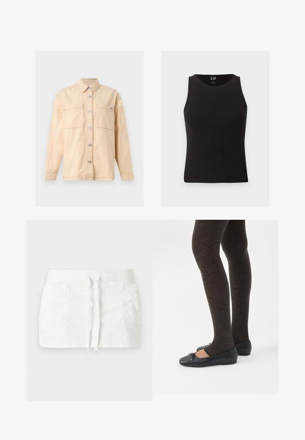 Veste-chemise beige à manches longues avec col, boutons-pression à l’avant, deux poches poitrine et coutures visibles.; Débardeur noir cintré sans manches avec un col rond, taille petite, présenté sur un fond clair.; Jupe courte blanche avec taille élastique côtelée, cordon de serrage à l'avant et deux poches latérales.; Jambes portant des leggings côtelés foncés associés à des ballerines noires avec de petits détails en nœud sur fond blanc.