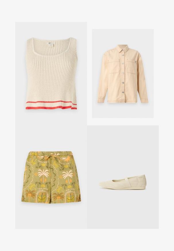 Veste-chemise beige à manches longues avec col, boutons-pression à l’avant, deux poches poitrine et coutures visibles.; Débardeur côtelé de couleur crème avec un col rond et une bande horizontale rouge au bas. Tissu doux et texturé avec une coupe décontractée.; Shorts vert olive avec ceinture élastique et cordon de serrage, ornés de motifs de palmiers et de fleurs orange et jaunes avec les textes "sun" et "soleil".; Ballerines beiges avec une exterior en cuir lisse, un bout en forme d'amande et une sangle élastique sur le coup de pied, avec des détails de couture subtils.