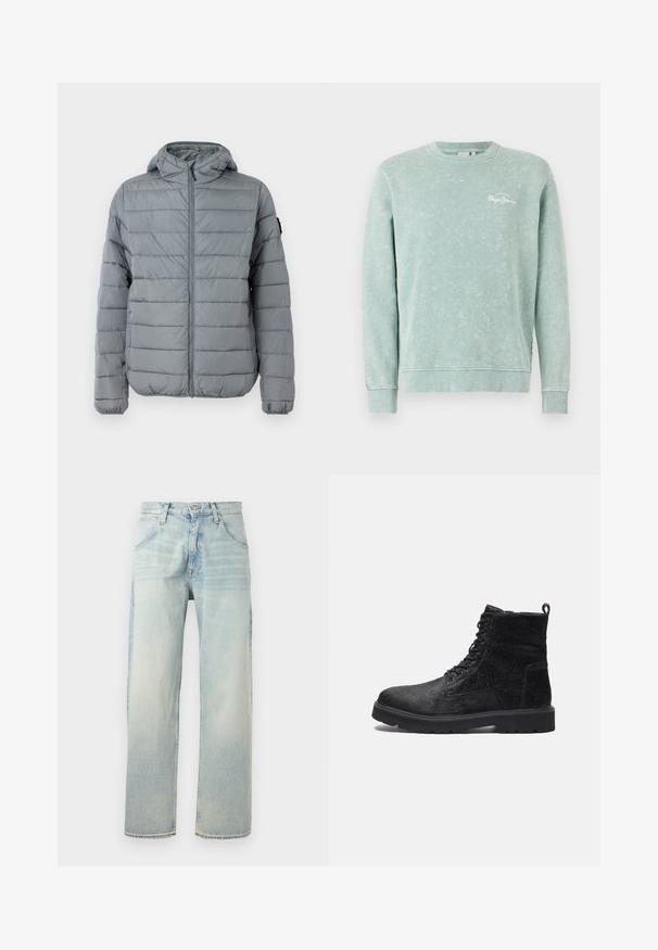 Grijze gewatteerde jas met een ritssluiting aan de voorkant, capuchon en gestikte horizontale lijnen. Ontworpen voor warmte met elastische manchetten en minimale branding.; Lichtgroene sweatshirt van zachte stof, met een ronde hals, lange mouwen, geribde manchetten en een klein wit logo op de borst.; Lichtblauwe recht gesneden spijkerbroek met knoop- en ritssluiting, voor- en achterzakken en vervaagde wasdetails.; Zwarte enkelboots met een gestructureerde bovenkant, voorzien van vetersluiting aan de voorkant, een stevige rubberen zool en een trekhaak aan de achterkant voor gemakkelijk aantrekken.