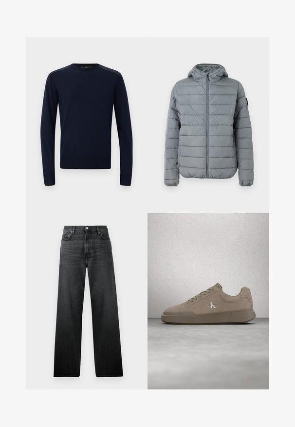 Graue gepolsterte Jacke mit Reißverschluss vorne, Kapuze und gesteppten Horizontalstreifen. Entwickelt für Wärme mit elastischen Bündchen und minimaler Markenkennzeichnung.; Dunkelblauer Strickpullover mit langen Ärmeln, rundem Hals und gerippten Bündchen. Verfügt über strukturierte Schulterakzente und eine taillierte Silhouette.; Schwarze Jeans aus Denim mit geradem Bein, ausgestattet mit fünf Taschen und einem Knopfverschluss. Der Stoff hat einen leichten Glanz und eine sichtbare Textur.; Beiger Veloursledersneaker mit Schnürsenkeln und "ck"-Logo, schwebend über einem polierten Betonboden vor einer Wand aus Glasklötzen dargestellt.
